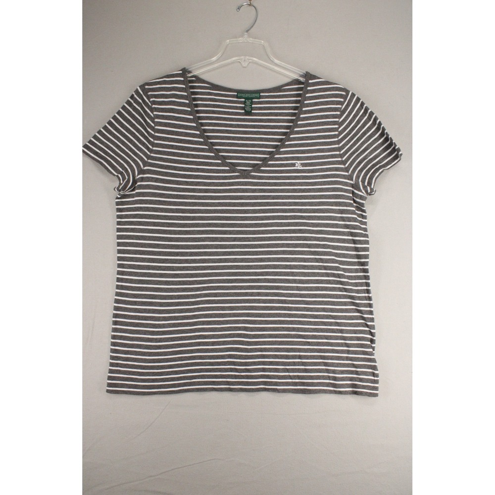 Lauren Ralph Lauren V-Neck T-Shirt Women XL Grey White Striped Cotton Minimalist